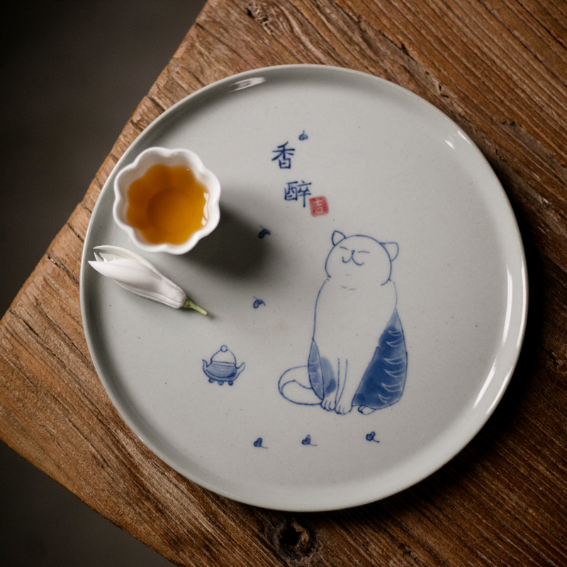 美帮汇猫肥家润手绘青花茶盘果盘茶托小猫干泡盘盘子壶承壶托杯托茶台高清大图