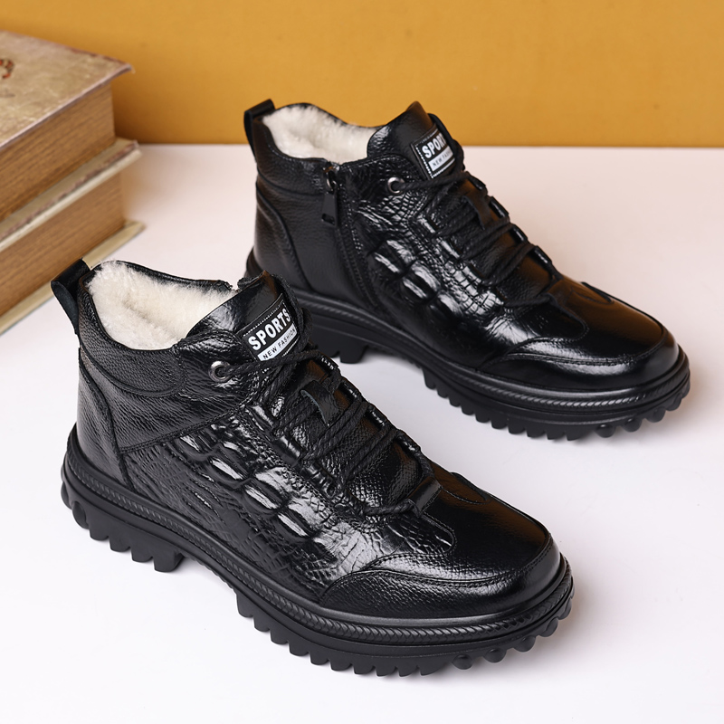 迪罗尼卡保暖爸爸头层牛皮羊毛雪地棉鞋男鞋冬鞋真皮冬季加绒加厚高帮皮鞋高清大图