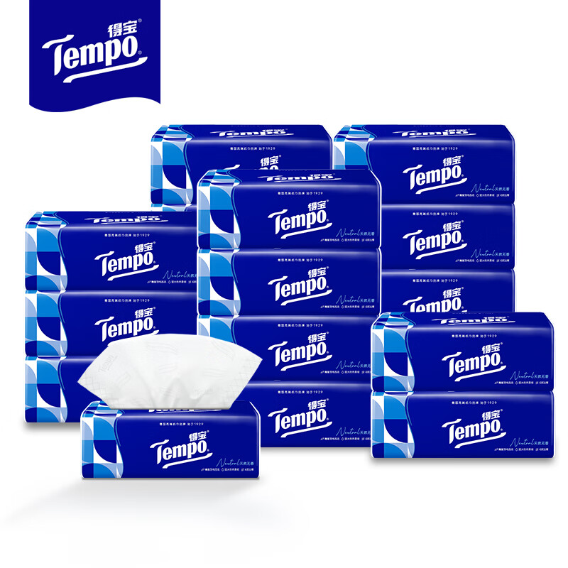 得宝Tempo得宝纸巾抽纸整箱天然无香软抽擦手纸4层92抽18包T2287-A