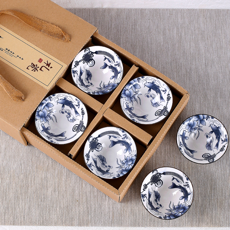 茶杯茶盏套装青花瓷复古陶瓷茶具品茗杯子斗笠杯6只装主人杯礼品 三维工匠 青花杯-年年有鱼(礼盒套装)80(6只装)