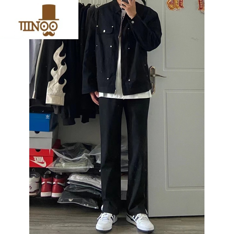 YANXU美式潮牌oversize撞钉贴片牛仔外套男高街复古嘻哈宽松拉链夹克片高清大图