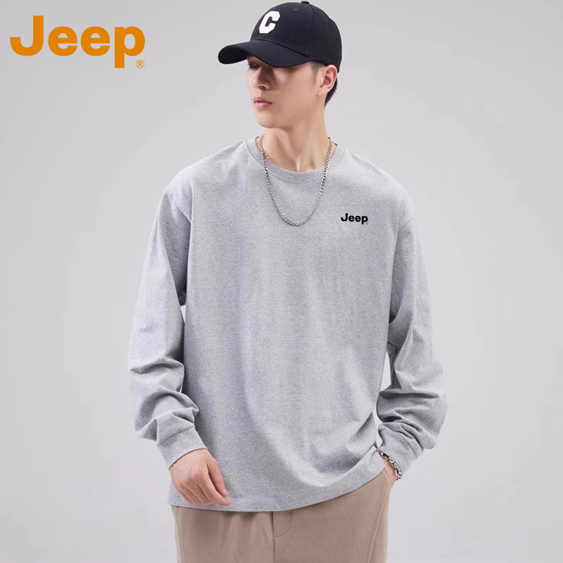 JEEP吉普白色纯棉长袖T恤男士夏季2025新款重磅宽松百搭打底2棉高清大图