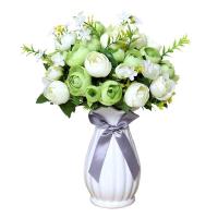 仿真花卉装饰摆件餐桌茶几假花盆栽家居客厅室内摆设仿真塑料花束-粉芯3束花语茶玫+蓝瓶