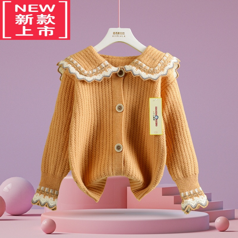 可莉允2022秋冬季新款女童红毛衣开衫洋气娃娃领针织外套儿童中大童春装