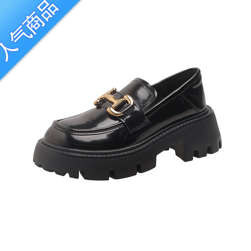 SUNTEK【柠檬家】矮个子增高厚底乐福鞋女单鞋漆皮一脚蹬金属小皮鞋高清大图