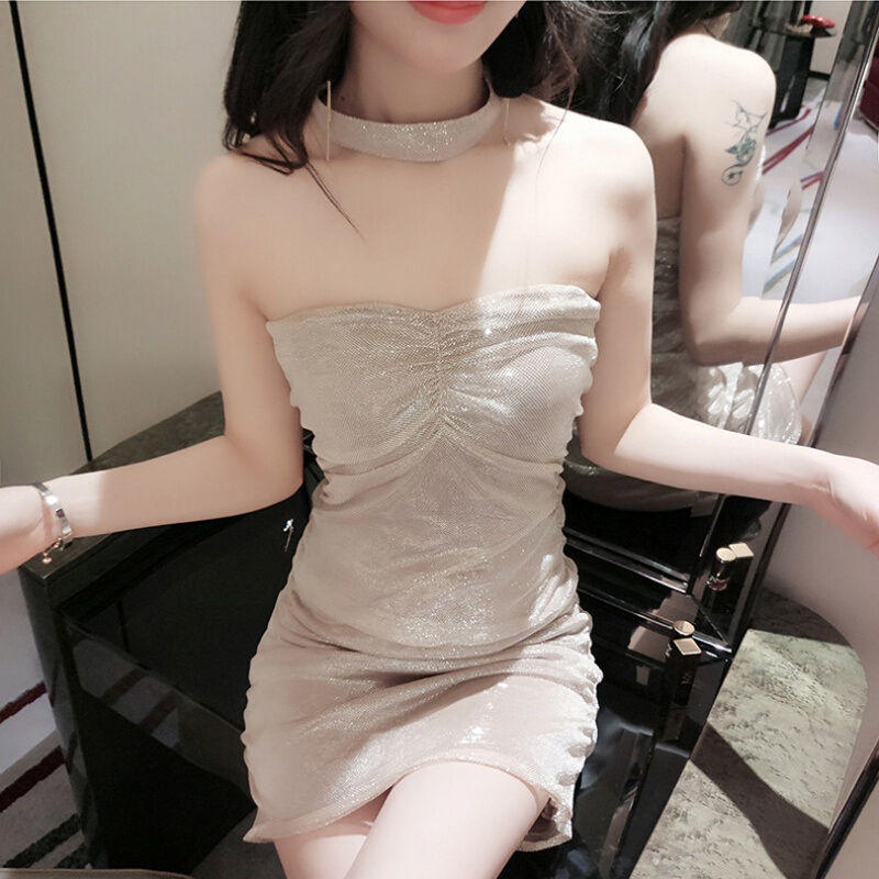 2018夏季韩版时尚新款女装个性闪闪网纱无袖收腰包臀抹胸连衣裙潮