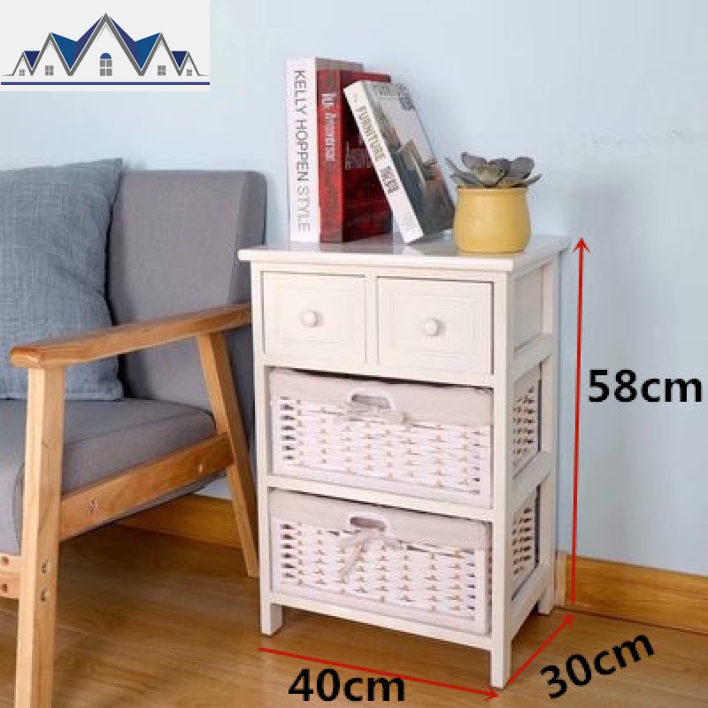 田园实木藤编收纳柜卧室床头柜小户型简约斗柜复古卫生间柜子 三维工匠 B款三层1个