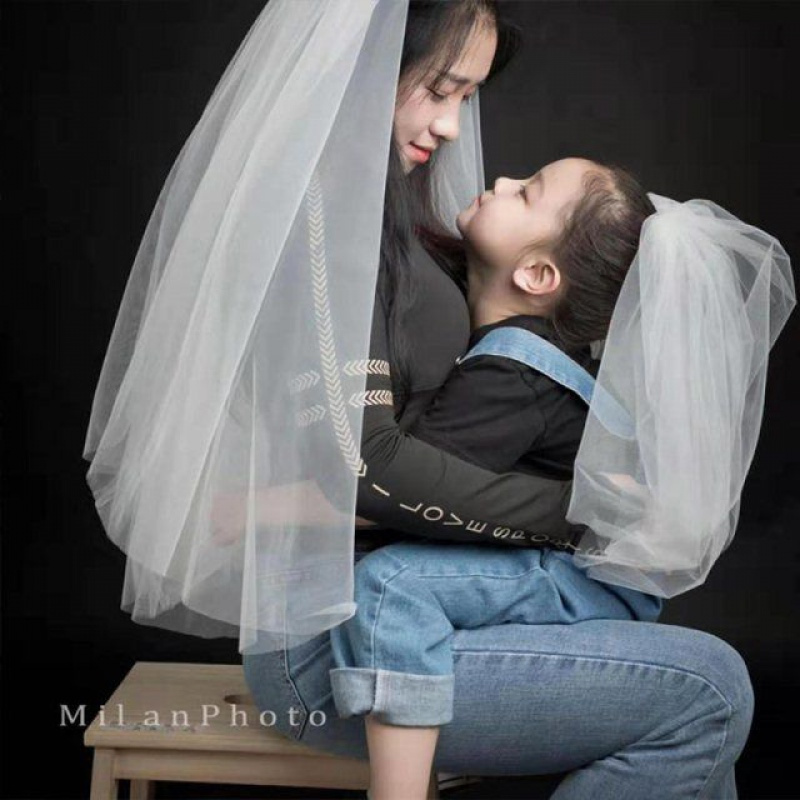 白色亲子母女宝宝儿童头纱短款头饰超仙森系网红拍照道具复古软纱视频