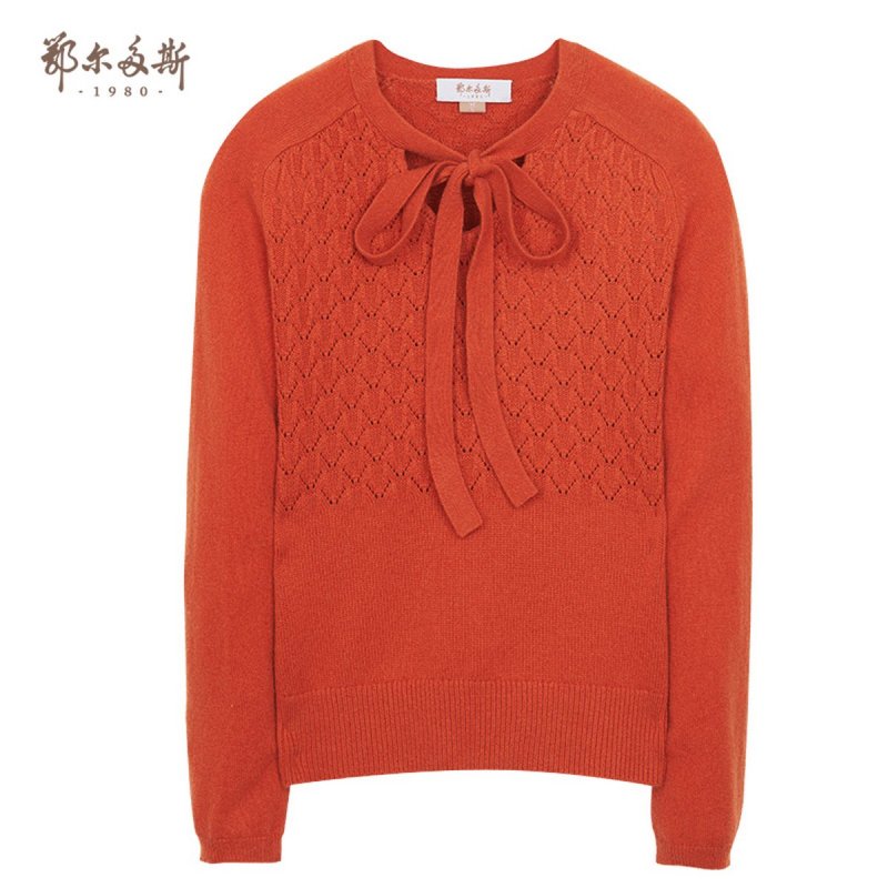 鄂尔多斯ERDOS 秋冬V领系带蝴蝶结翻花羊绒衫女士针织衫/毛衣