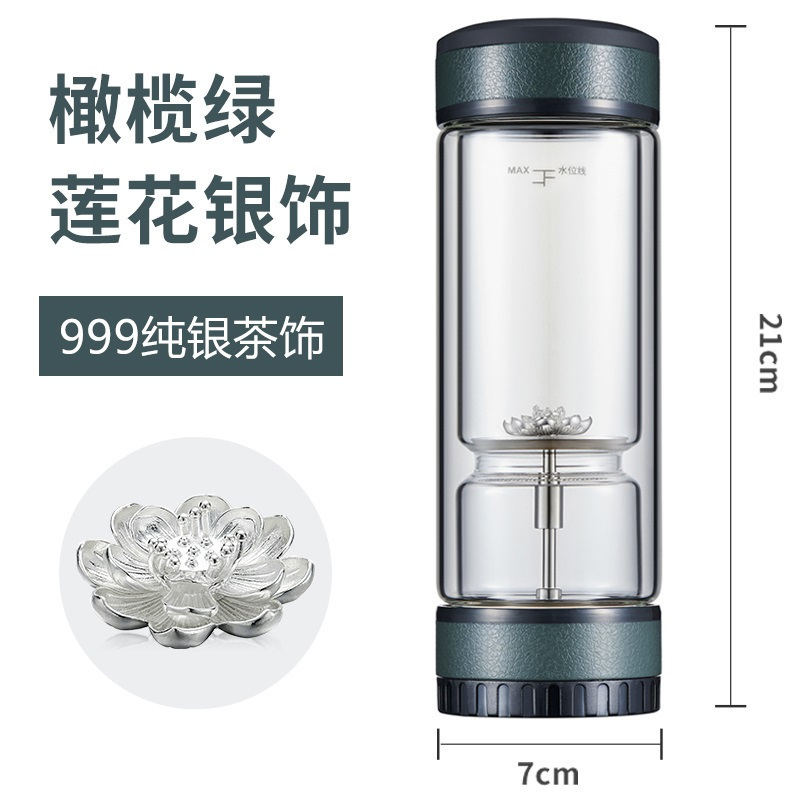茶水分离泡茶杯双层玻璃便携过滤茶叶杯子男士水杯 橄榄绿+莲花银饰