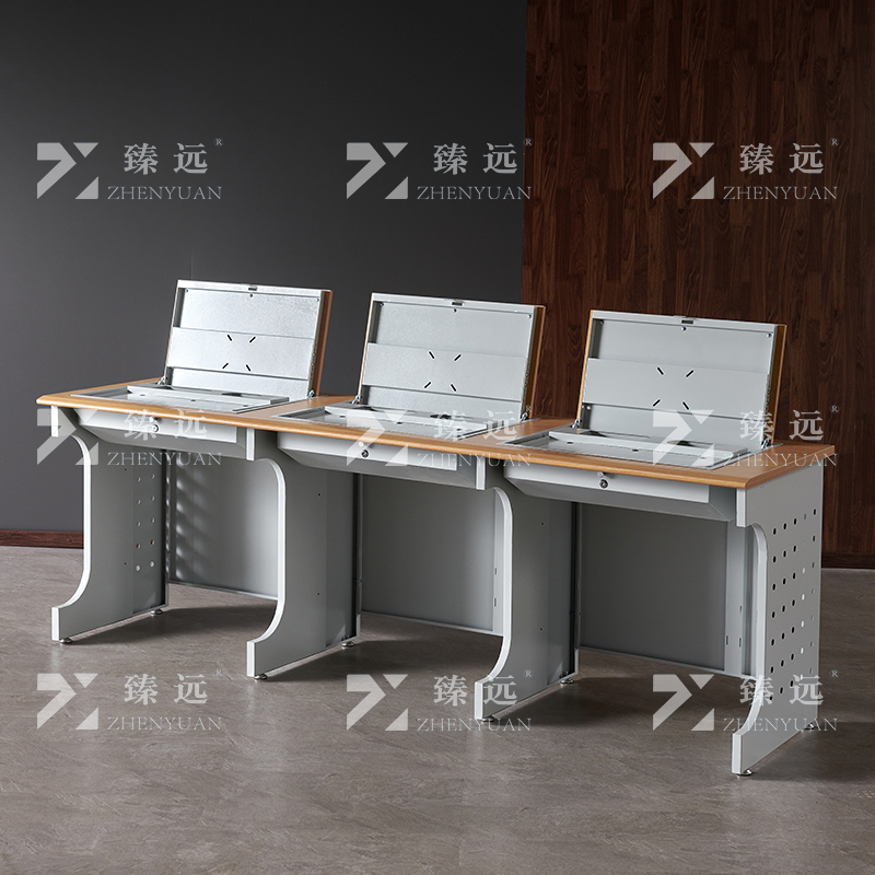 臻远 ZY4012436 隐藏式翻转电脑桌培训桌办公桌D款三人位高清大图