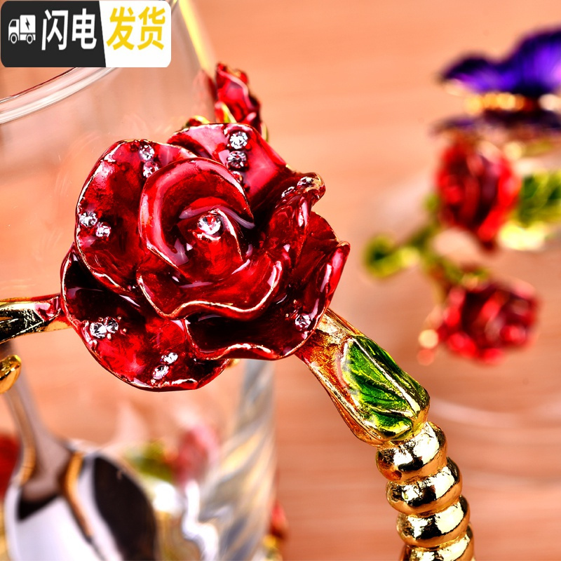 三维工匠水杯珐琅彩玻璃杯家用女玫瑰花茶杯套装耐热教师节情人节