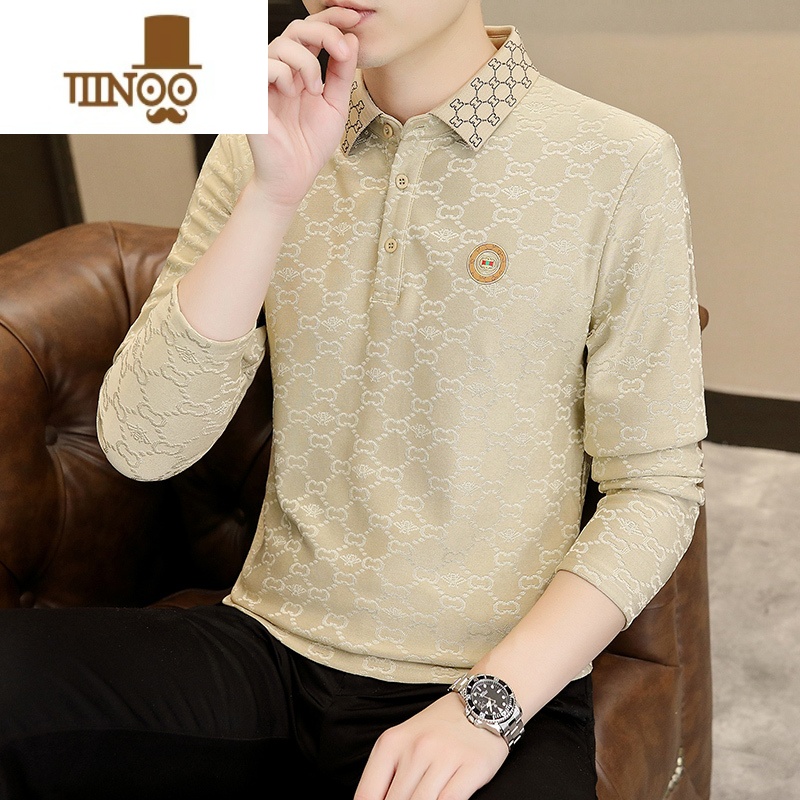 YANXU2023新款秋季长袖翻领T恤男士时尚休闲Polo衫打底衫款男装高清大图