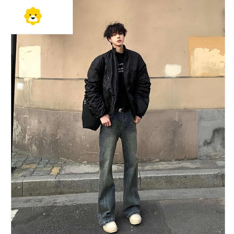 fishbasket美式复古牛仔裤男款高个子加长微喇裤子潮牌痞帅vibe直筒裤