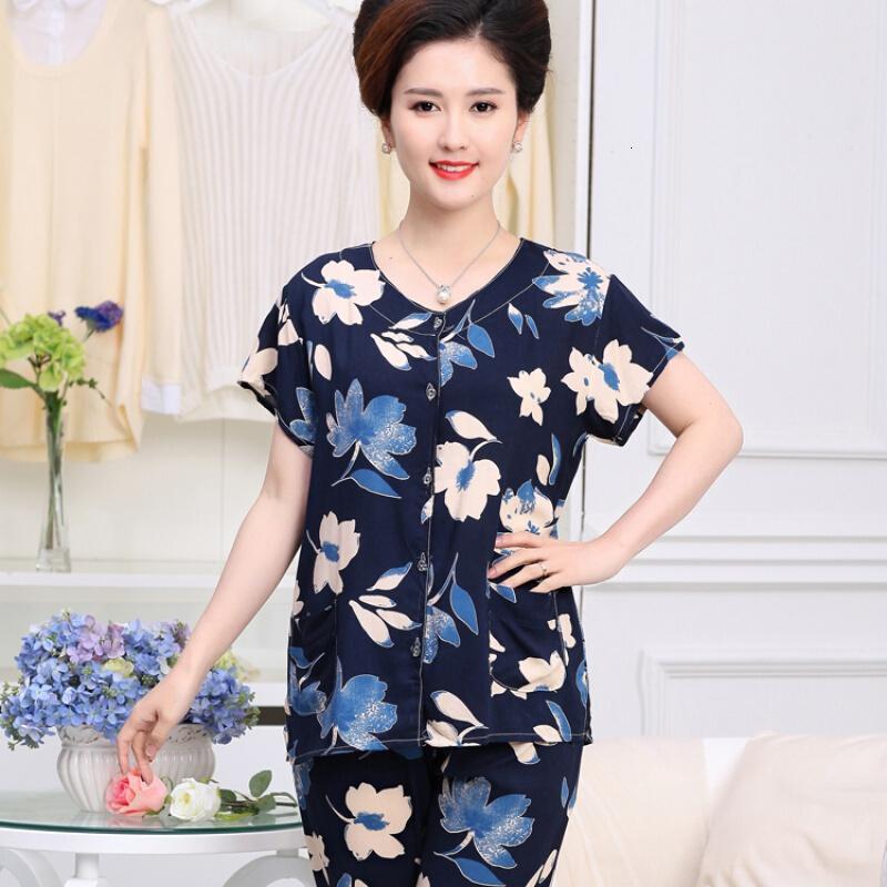 波迷娜(BOMINA)中老年棉绸睡衣女马裤套装新款女夏季妈妈绵绸常规款棉绸大码人造棉套装
