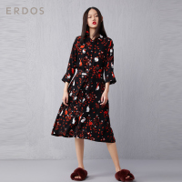 ERDOS 垂坠感白兔印花花色连衣裙翻领系扣中长款衬衫裙