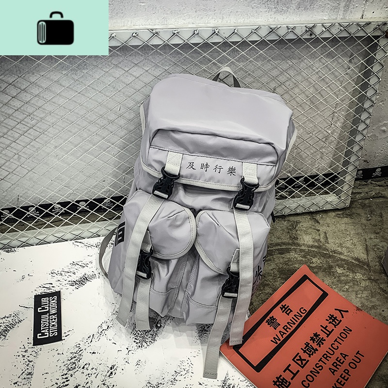 港风潮牌双肩包男士时尚潮流15.6寸电脑背包多口袋学生书包女韩版NEW LAKE 浅灰色【不带挂件】【收藏送礼品】