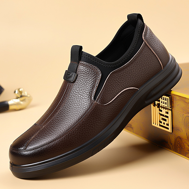 皮鞋男士牛皮一脚蹬头层牛皮中年休闲防滑软底驾车爸爸鞋乐福鞋男_13462高清大图