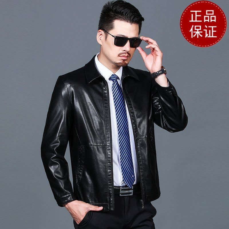 免费试穿 黑色皮衣男薄款春秋外套百搭翻领皮夹克基础款中老年爸爸装5060岁2024冬装新款外套潮海宁软皮夹克大码男装图片