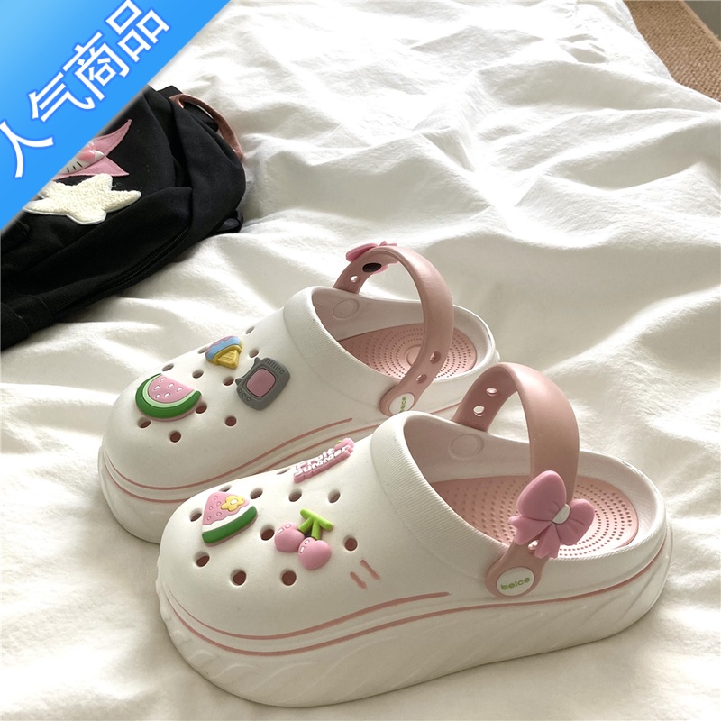 SUNTEK原创少女心~ins两穿洞洞鞋女厚底百搭学生包头拖鞋防滑夏季凉鞋潮高清大图