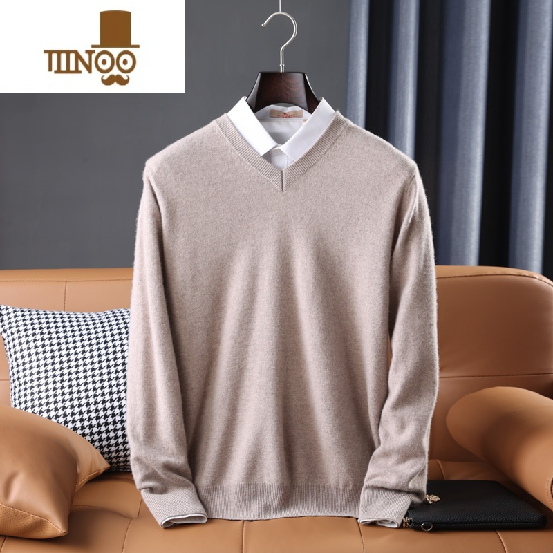 YANXU纯毛衫男V领圆领平面标准商务休闲时尚长袖套头毛衣针织衫