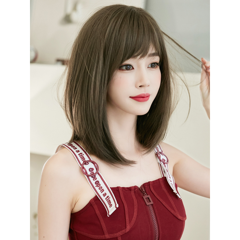 假发女齐肩短发中长发圆脸直发短发造型修脸自然蓬松假发套黑茶色