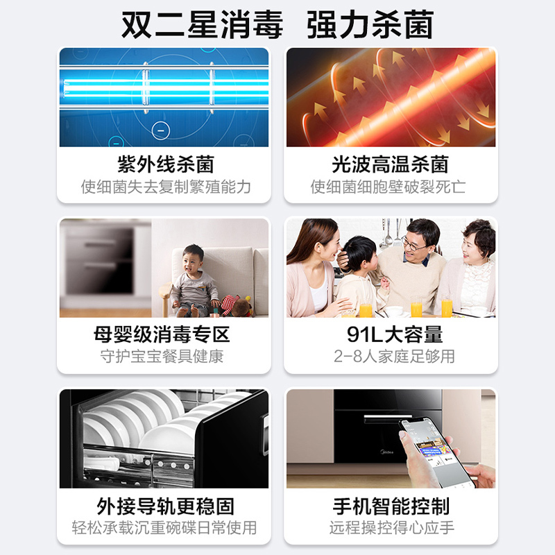 美的(Midea)消毒柜家用嵌入式 餐具碗筷 91升双层小尺寸 二星级高温消毒碗柜 100Q15 紫外线+光波消毒
