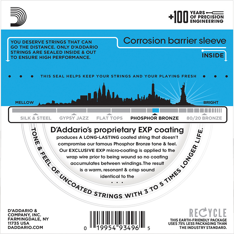 达达里奥(D’Addario) EXP16磷铜民谣吉他琴弦防锈镀膜 标准张力012-053美产原装
