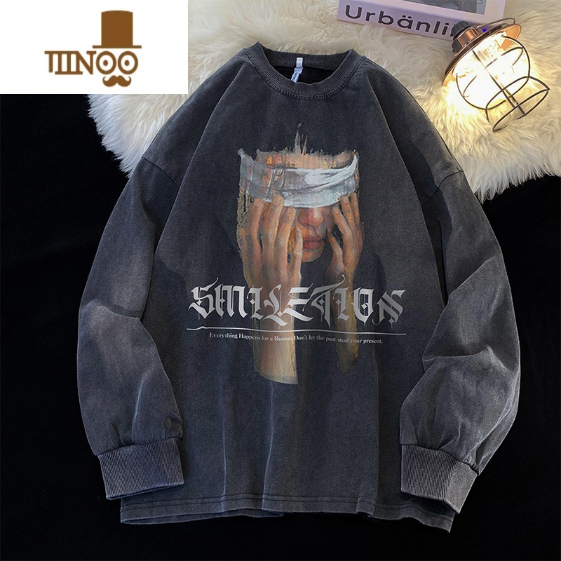 YANXU卫衣男美式水洗做旧圆领长袖t恤宽松潮牌hiphop潮潮iA高清大图