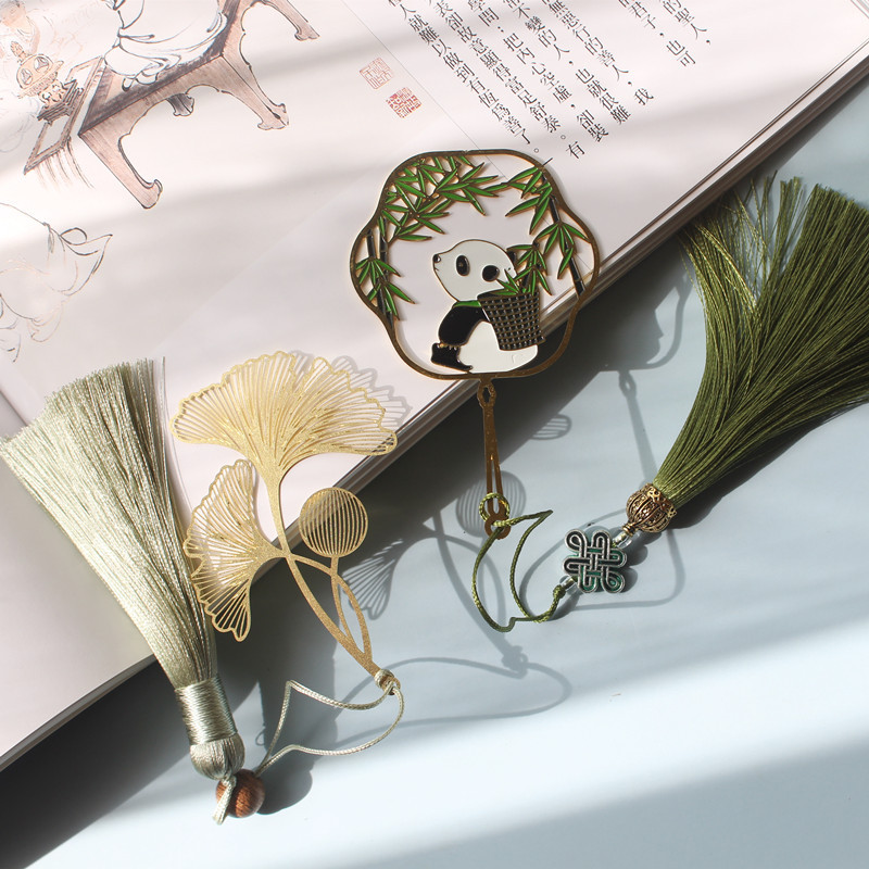 金属莲花荷花涟漪菩提叶黄铜镂空叶脉流苏古典书签|银杏+小背篓熊猫