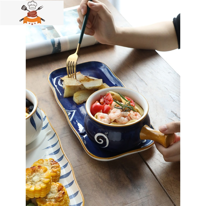 网红日式碗碟餐具套装一人食早餐儿童燕麦沙拉碗家用ins陶瓷餐盘 敬平 蓝线早餐组合2