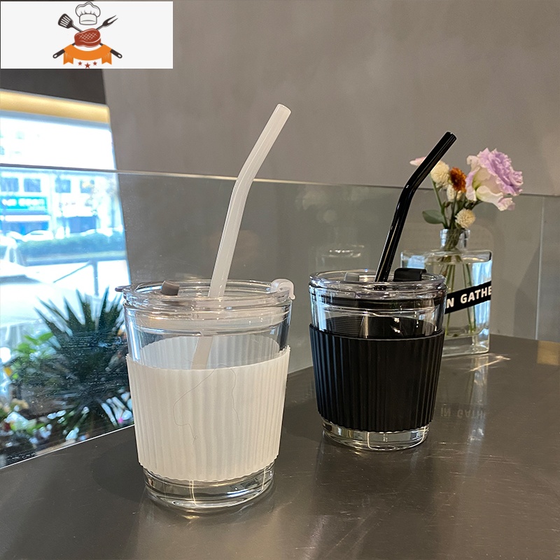 玻璃吸管杯牛奶茶ins风简约带盖便携办公室女随行冷萃咖啡水杯子 敬平高清大图