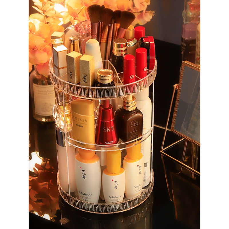 置物架透明亚克力宿舍桌面护肤品梳妆台口红整理经典款钻纹旋转化妆盒