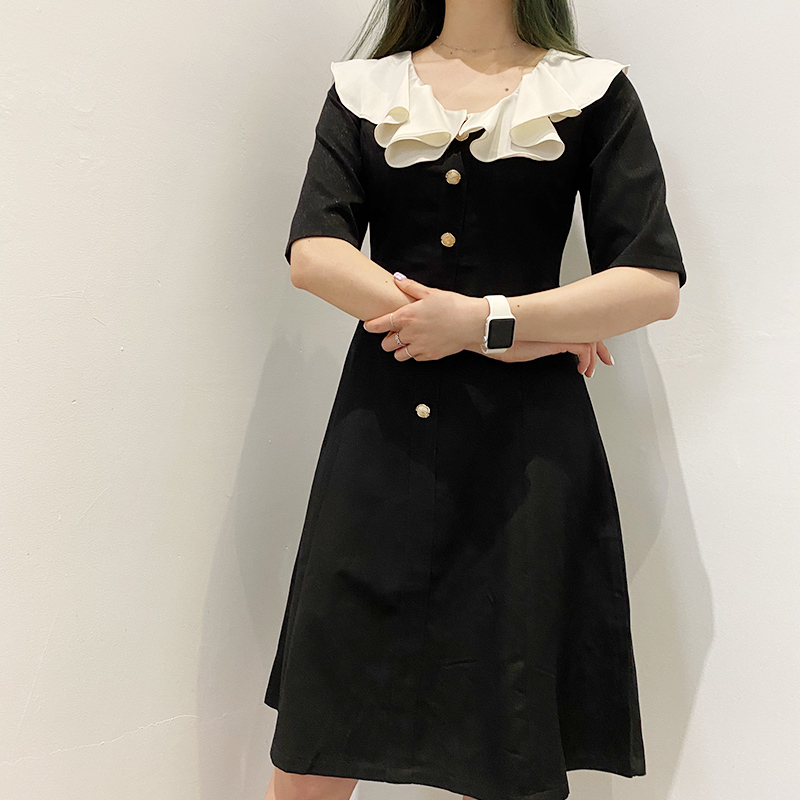 ENJOY’ME优雅金属扣连衣裙花边翻领A字裙20春季女装新品