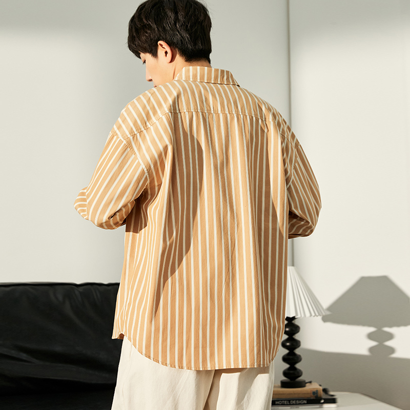 [1.5折价68元]唐狮春季新款日系条纹衬衫男绿色长袖复古休闲衬衣男士高级感