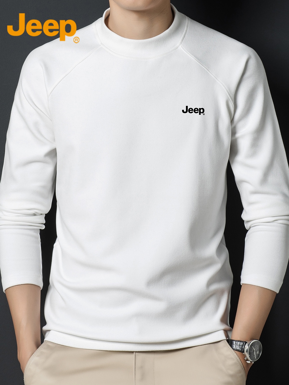 Jeep吉普德绒长袖t恤男士半高领休闲上衣2025年秋季保暖打底衫e高清大图