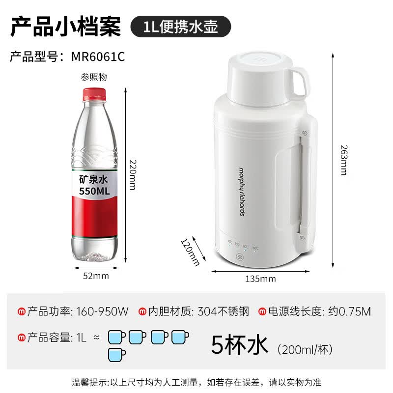 摩飞电器(Morphyrichards)电热水壶便携式电热水瓶水杯烧水杯家用户外旅行1L防烫电水壶烧水壶MR6061C白高清大图