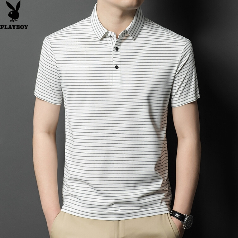 花花公子2024新款夏装黑白条纹短袖男士t恤翻领商务休闲大码男装体恤