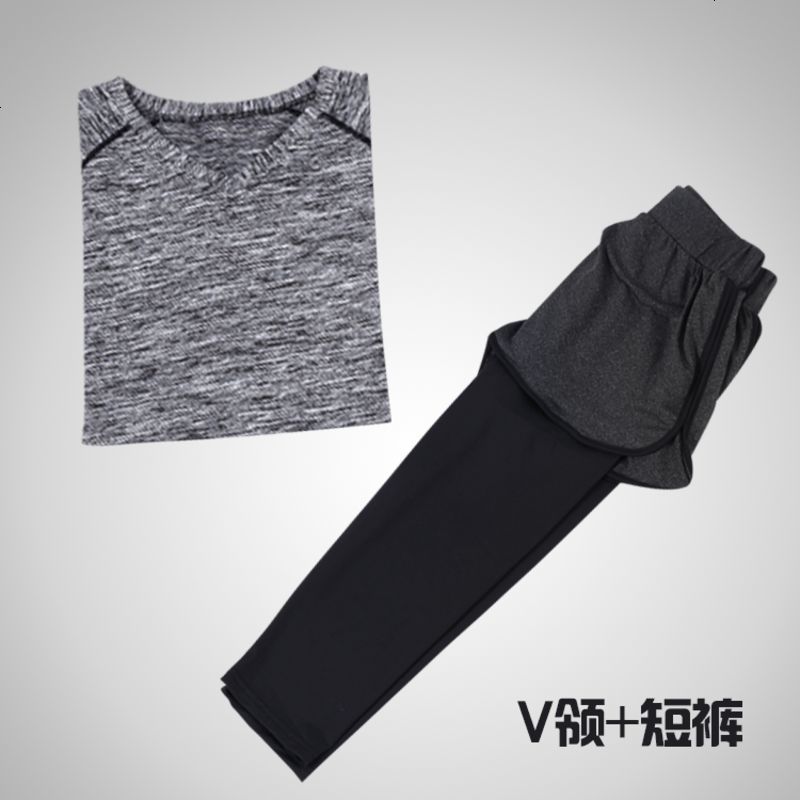 雁秀运动套装女速干宽松大码晨跑步房胖mm妹妹瑜伽服健身服200斤_670_95 S 七分裤+麻灰V领