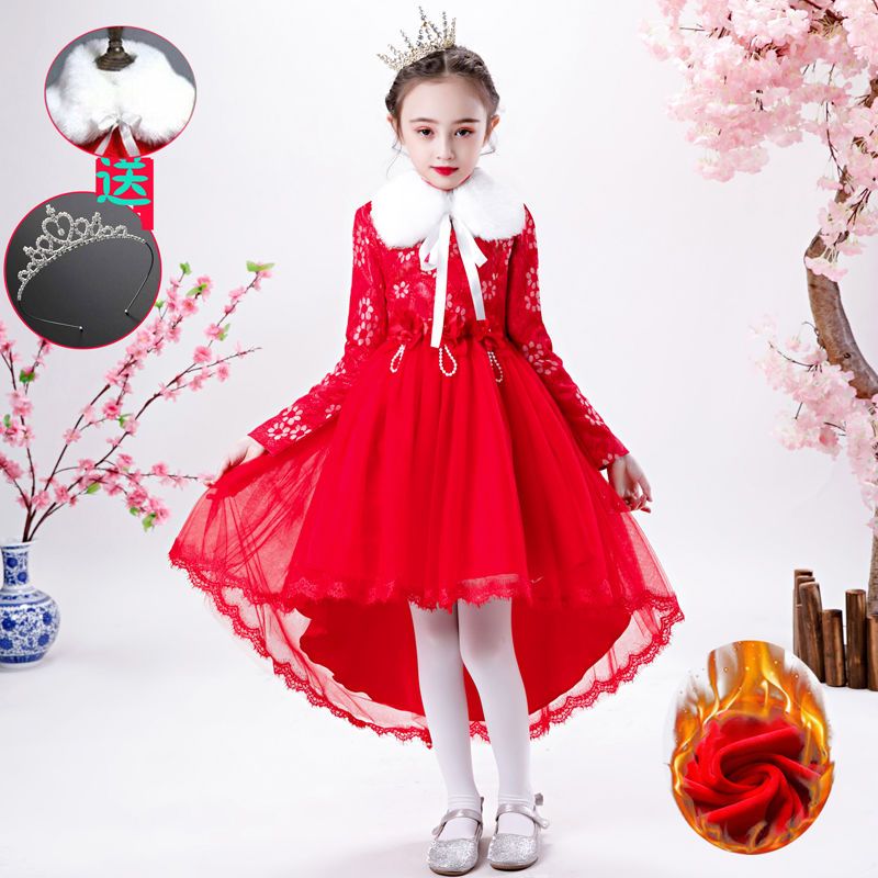 儿童裙子女童连衣裙秋冬中大童冬季洋气红色加绒公主裙元旦演出服红色