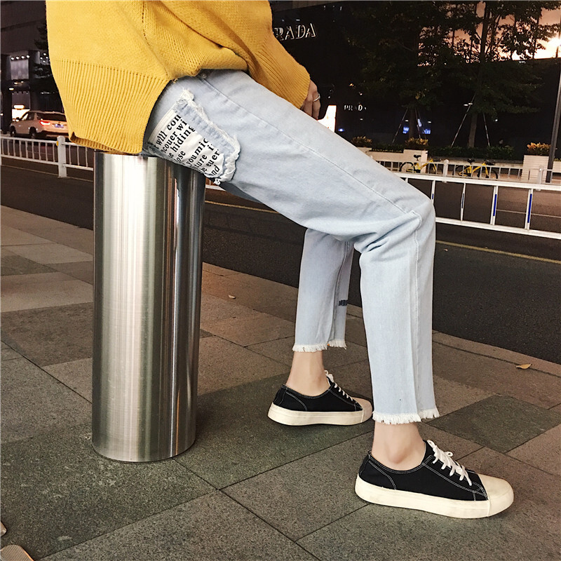 毛边牛仔裤男宽松韩版刺绣bf风阔脚直筒九分裤子男生百搭学生灰色8081