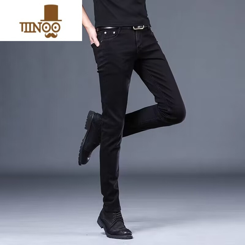 YANXU2023夏季水洗高端纯黑色牛仔裤男修身小脚韩版弹力休闲长裤韩高清大图
