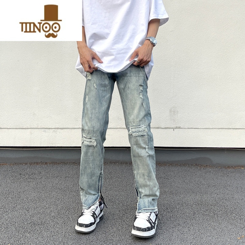 YANXU非潮勿近高街美式潮牌复古水洗破洞牛仔裤男宽松直筒vibeXY直高高清大图