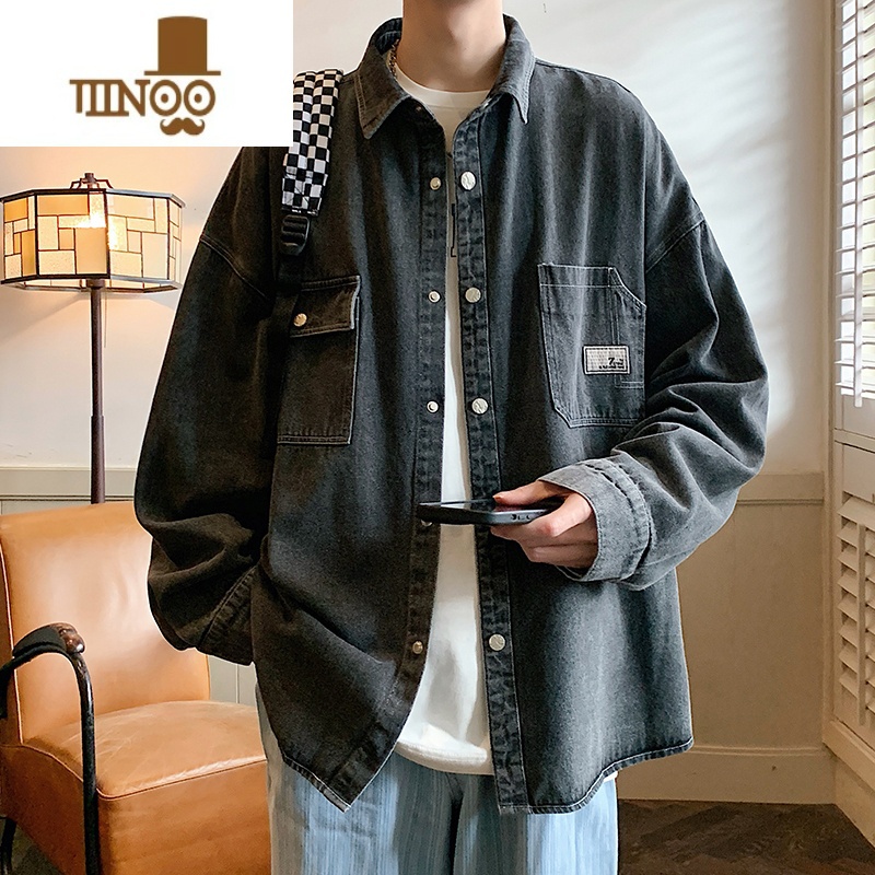 YANXU牛仔外套男宽松工装夹克美式潮牌复古痞帅翻领水洗衬工高清大图