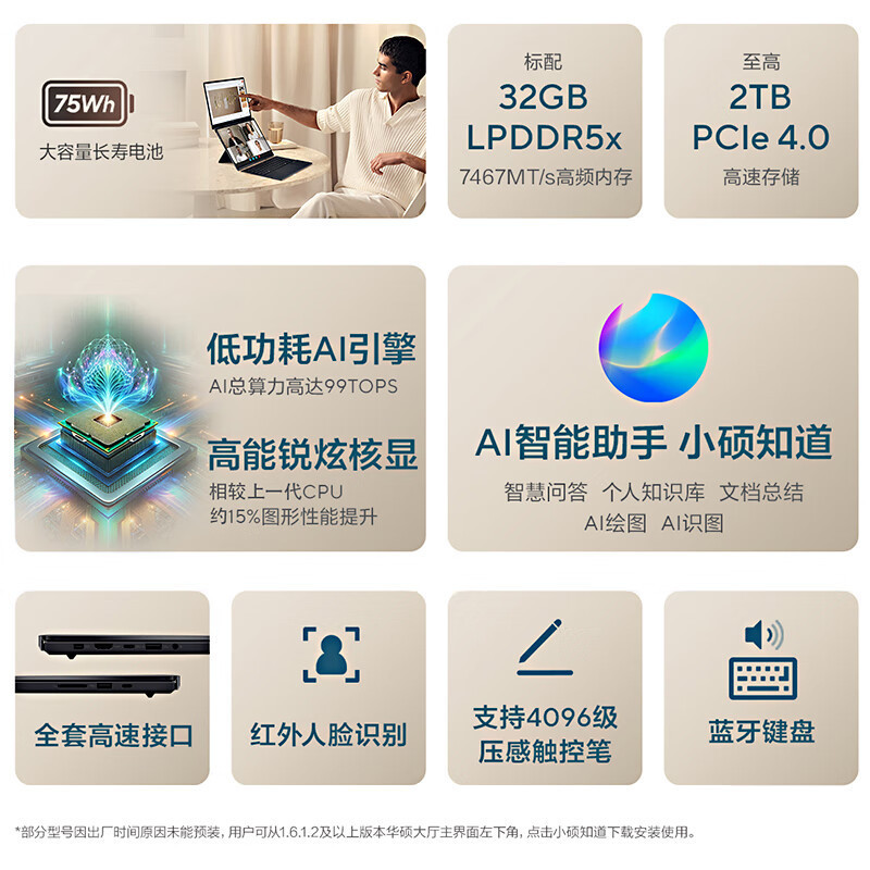 华硕灵耀14 双屏2025全新二代酷睿U9-285H 32G 1T 2.8K 120Hz OLED屏 标压双触控屏AI轻薄商务办公笔记本电脑 科技黑