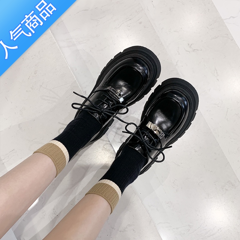 SUNTEK锁扣厚底乐福鞋女2023新款休闲松糕单鞋圆头系带英伦风小皮鞋高清大图