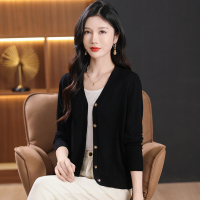【含羊毛】恒源祥女士针织衫2024秋冬新款纯色V领休闲开衫上衣 160/84A/S 黑色