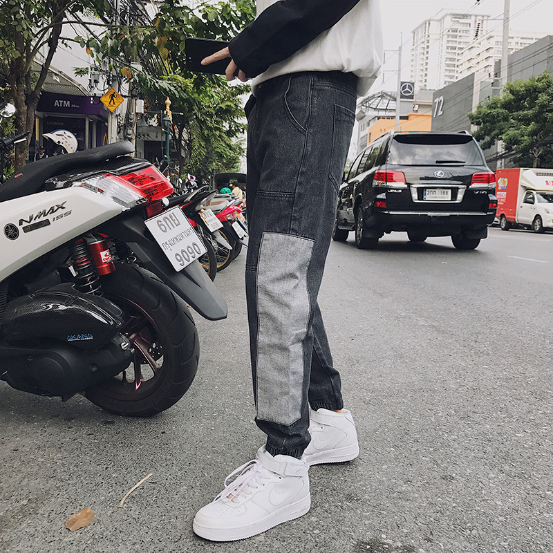 日系复古黑色裤子男韩版时尚收口牛仔裤春夏百搭修身束脚裤小脚裤