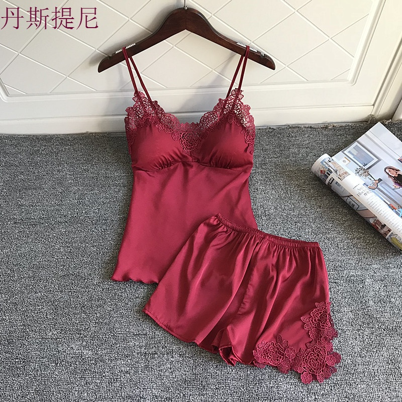 性感睡衣套装女聚拢小胸夏季火辣成人冰丝绸带胸垫带睡裤两件套