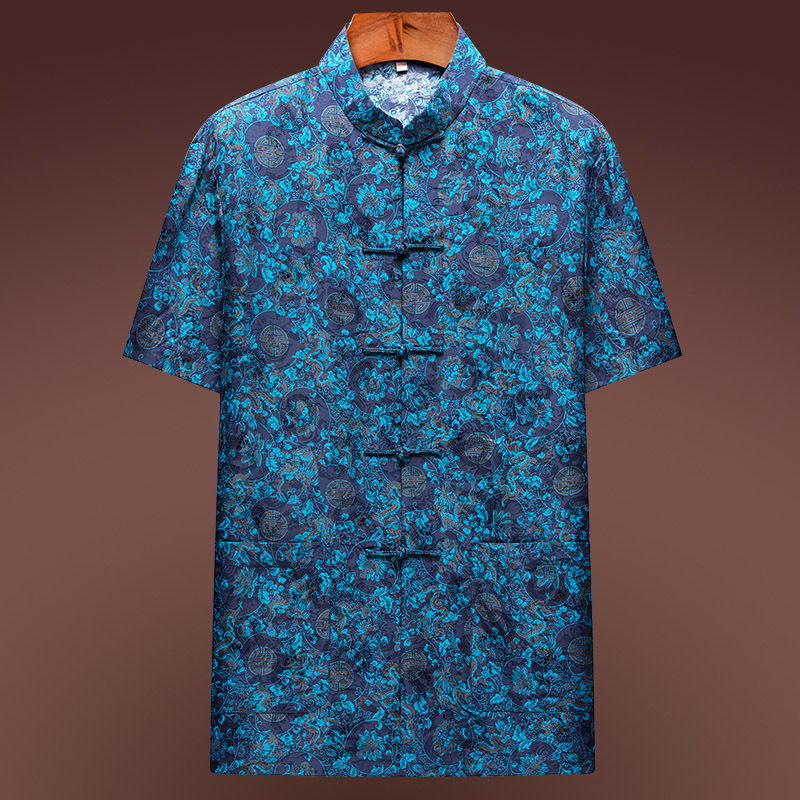 蓝吉奥(langjieao)男士衬衫 中老年人唐装男夏季短袖真丝桑蚕丝绸套装